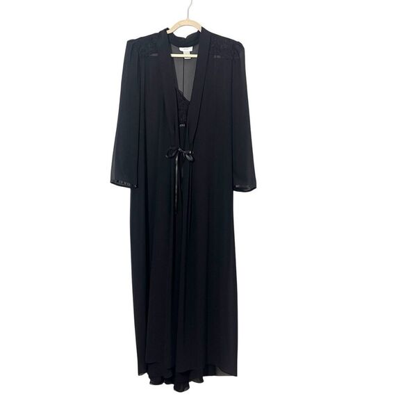 VTG Flora Nikrooz Peignoir Set Size L Gown Robe Black Sheer Lace Dark Fairy - Picture 1 of 11